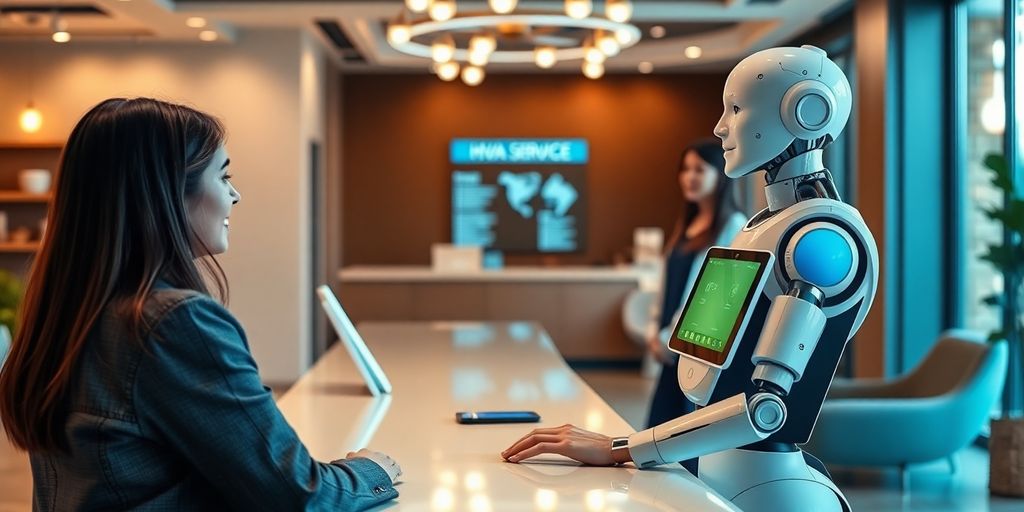 AI receptionist in HVAC service office, modern and efficient.