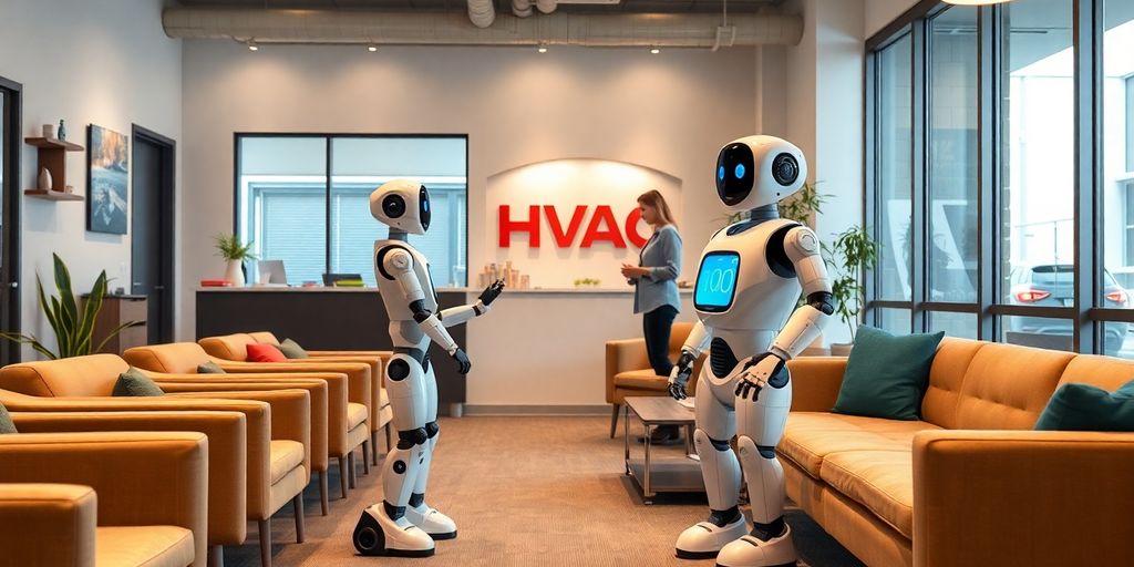 AI receptionist robot in a modern HVAC office setting.