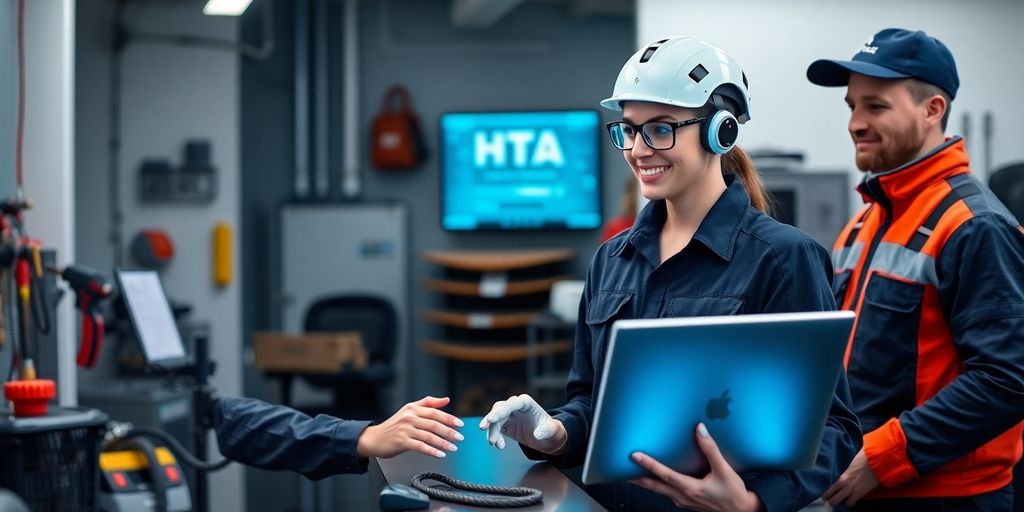 AI receptionist engaging with HVAC staff in a modern office.