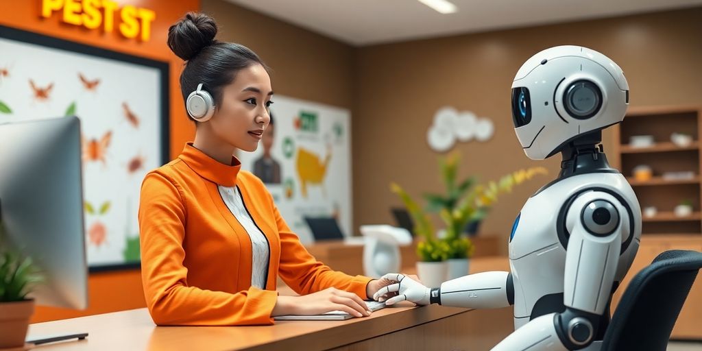 AI receptionist robot in a pest control office.