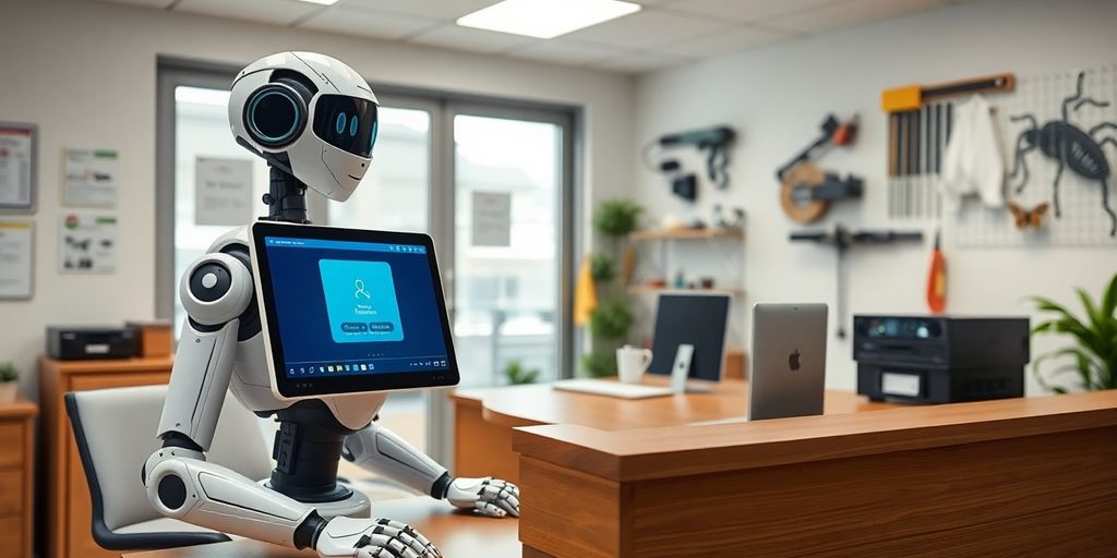 AI receptionist in a pest control office setting.