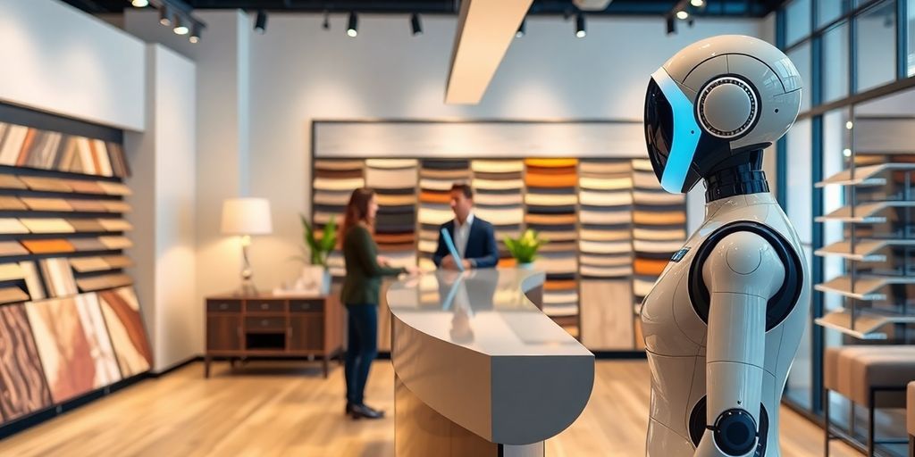 AI receptionist assisting customers in a flooring showroom.