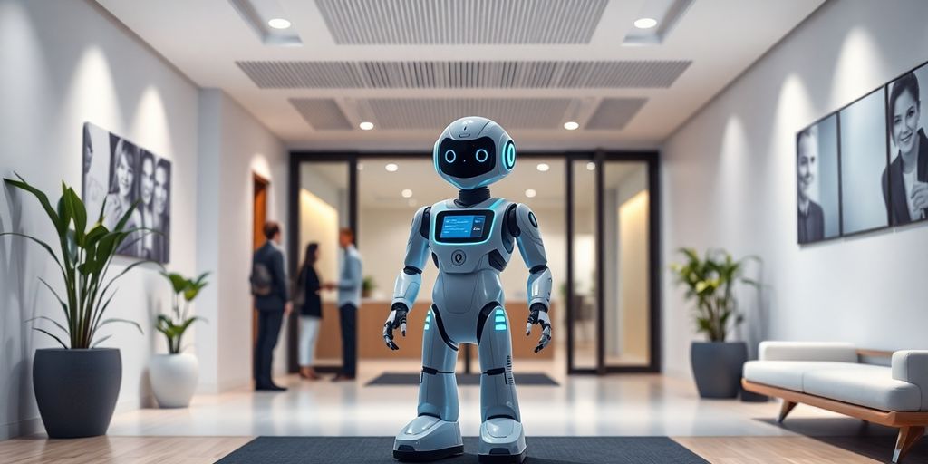 AI receptionist robot in a modern office setting.