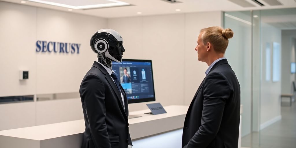 AI receptionist interacting with a visitor in an office.