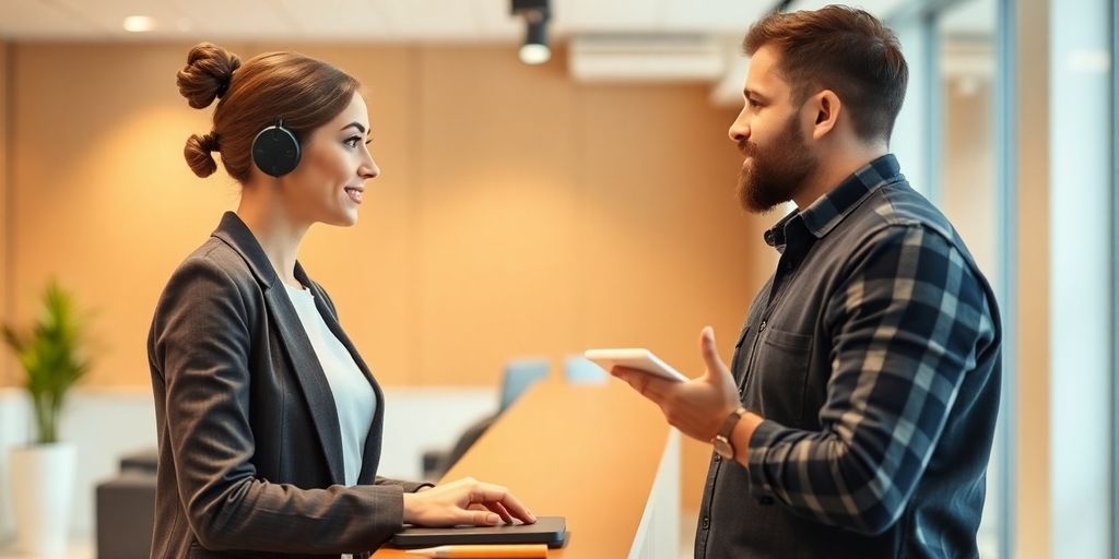 AI receptionist assisting electrical contractor in a modern office.