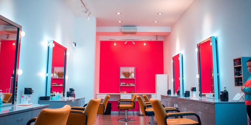 Interior of a modern beauty salon with styling stations.