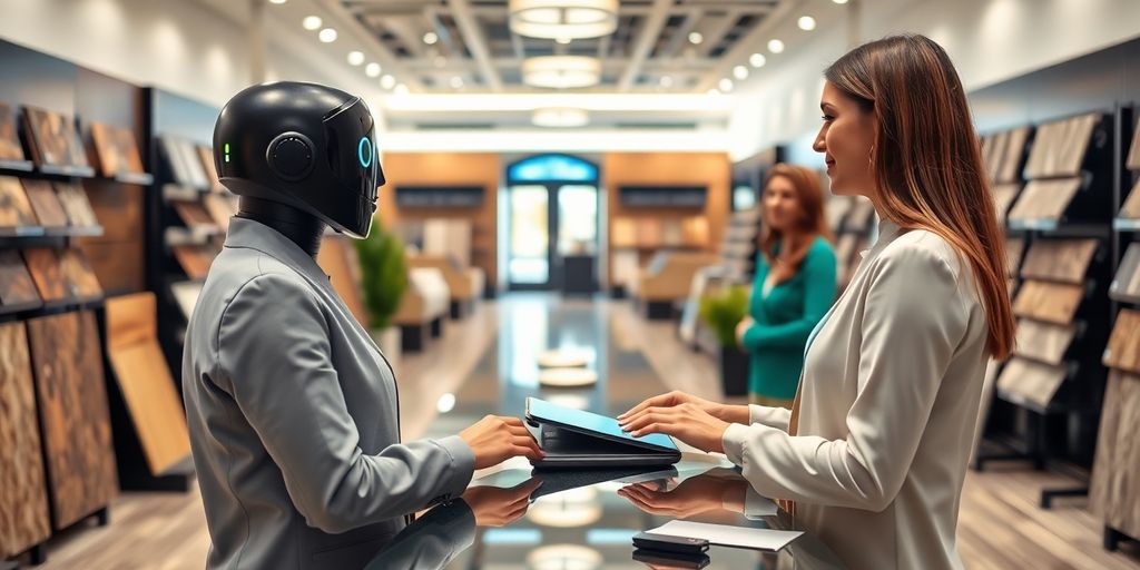 AI receptionist in a flooring showroom interacting with customers.