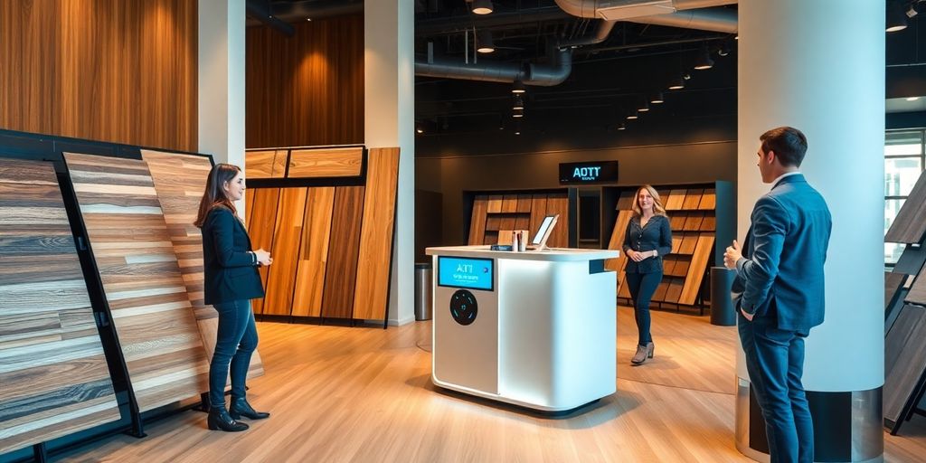 AI receptionist in a flooring showroom with samples.