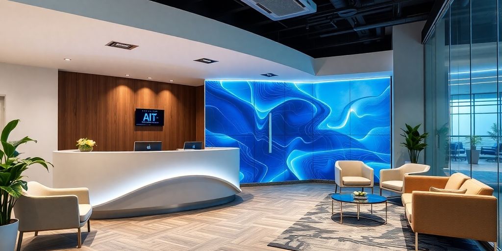 Modern AI receptionist station in a flooring business office.