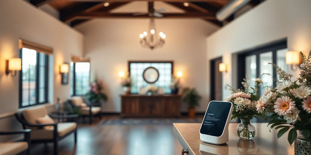 Warm reception area with an AI assistant device.