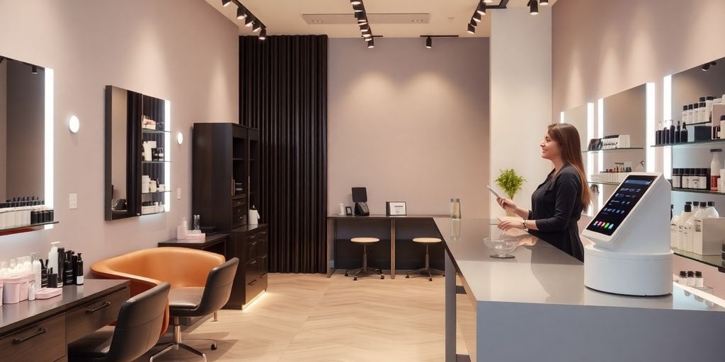 Modern beauty salon with AI answering device and staff interaction.