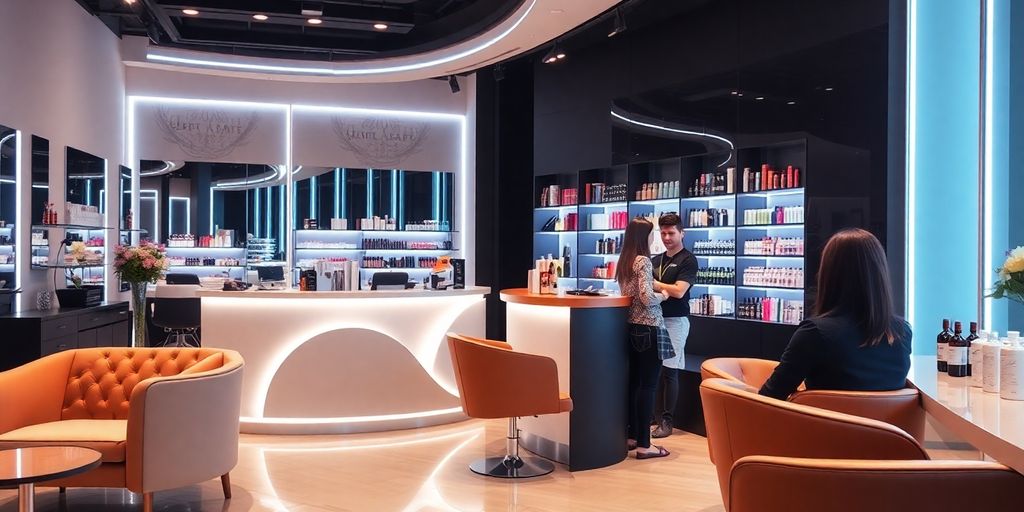Modern beauty salon with stylish décor and friendly receptionist.