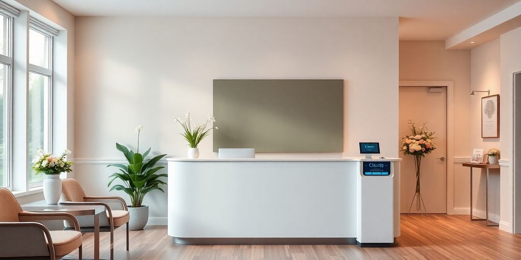 AI receptionist in a peaceful funeral home setting.