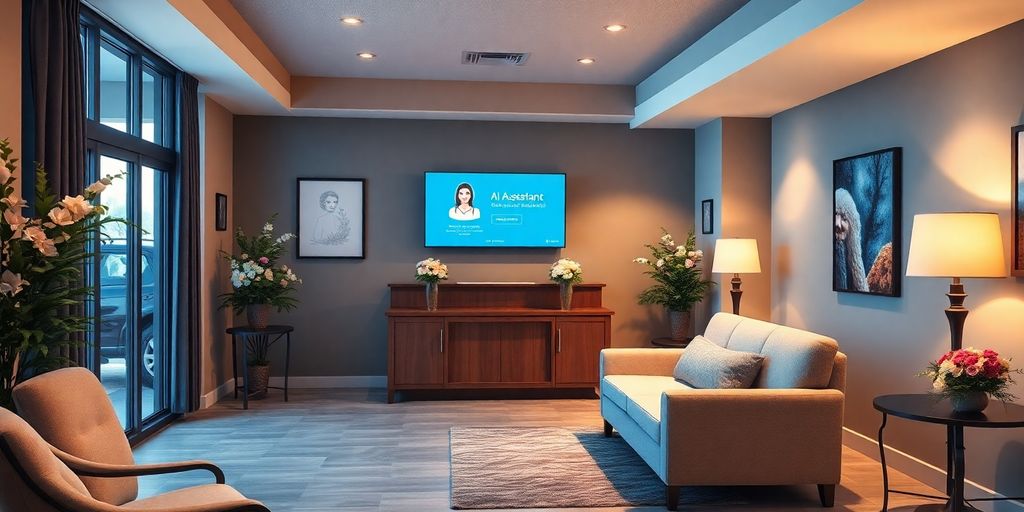 AI assistant in a calm funeral home reception area.