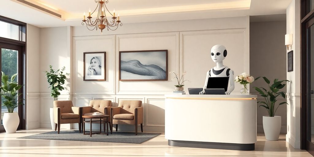Modern AI receptionist in a funeral home setting.