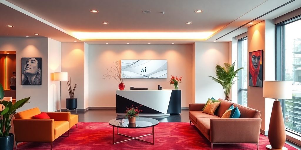 Modern interior with AI receptionist and elegant decor.