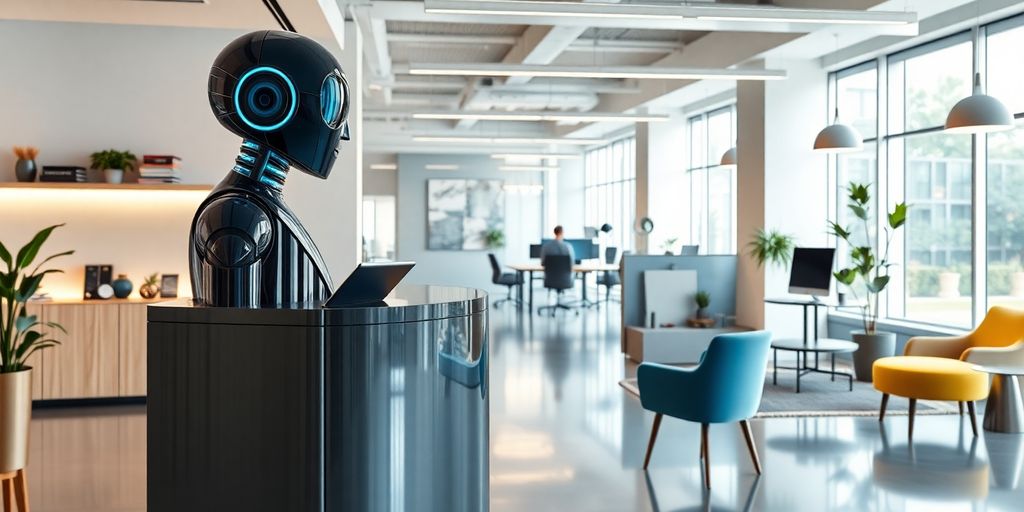 Modern AI receptionist in a stylish interior design office.