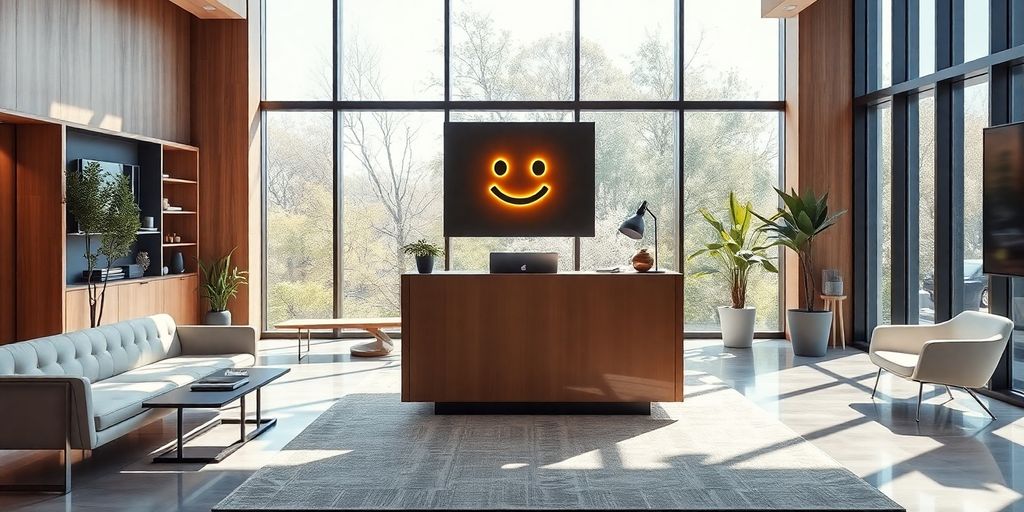 AI receptionist in a stylish interior design office.