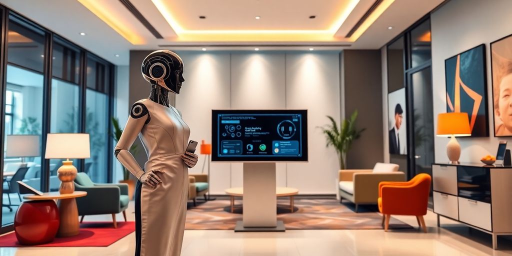AI receptionist in a modern interior design office.
