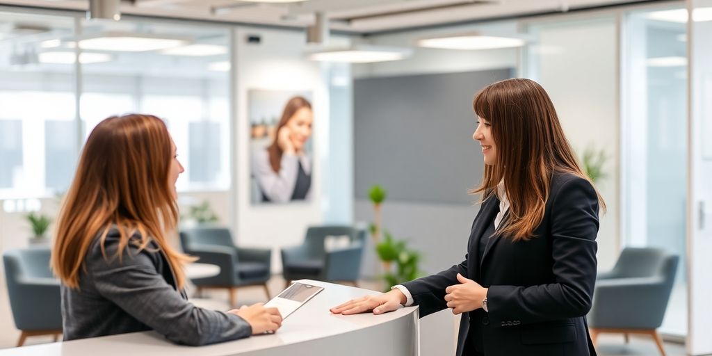 AI receptionist interacting with clients in a modern office.