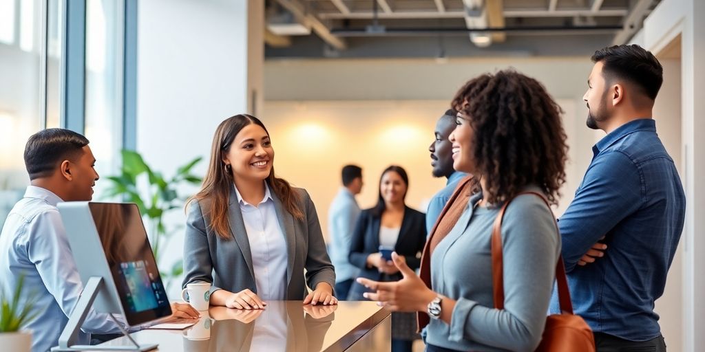 AI receptionist in an office with clients interacting.