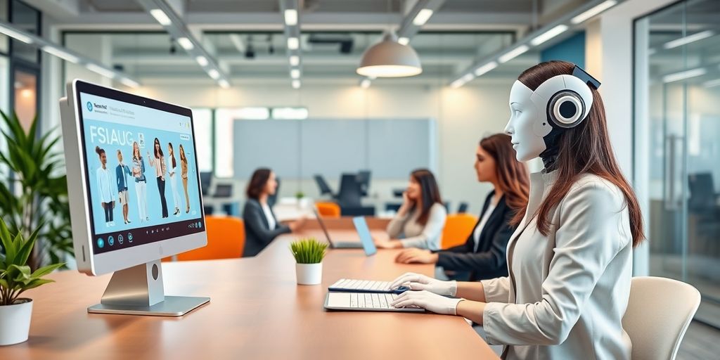 AI receptionist in a modern office assisting clients.