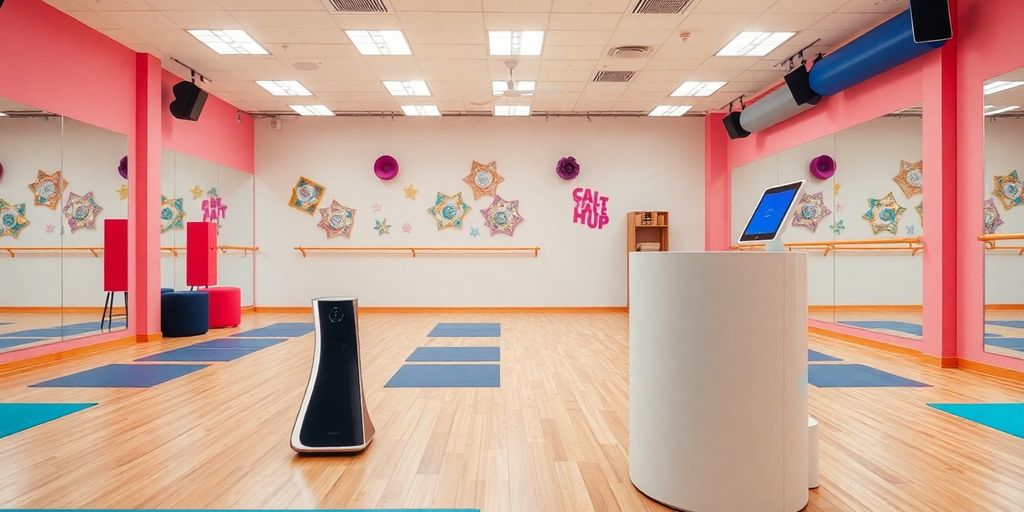 AI receptionist in a vibrant dance studio interior.