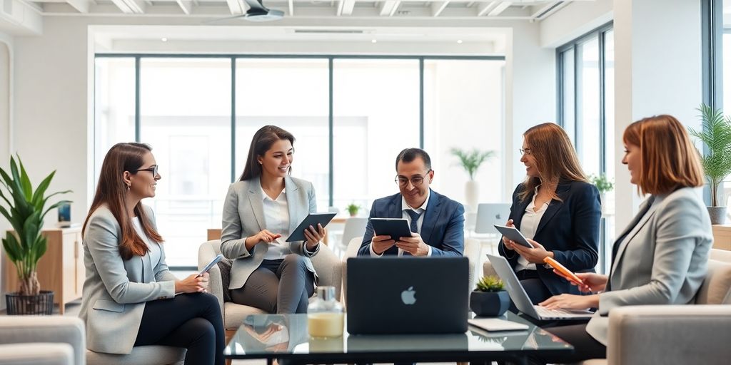 Real estate agents using AI technology in a modern office.