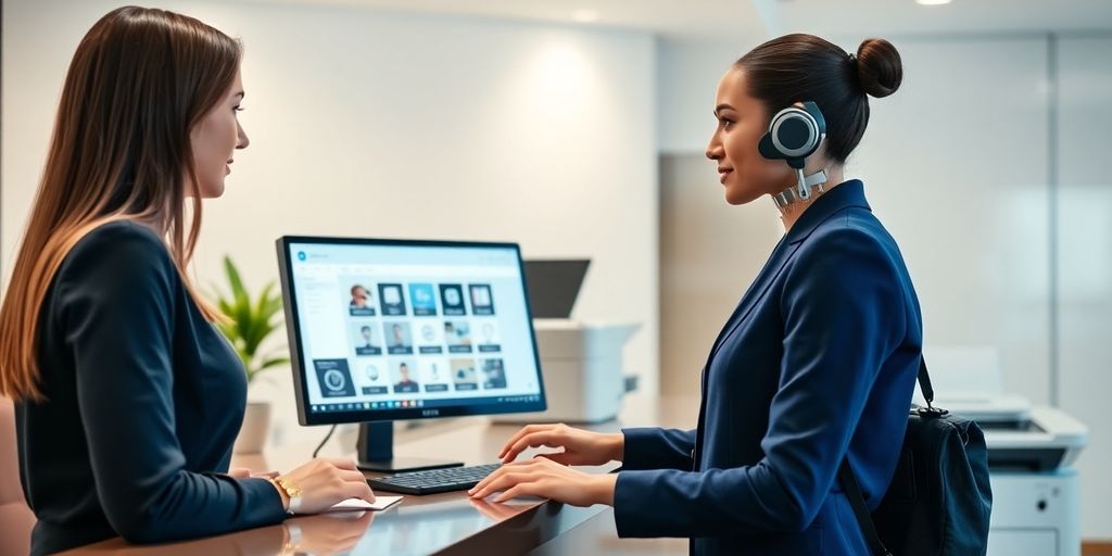 Modern AI receptionist in a printing service office.