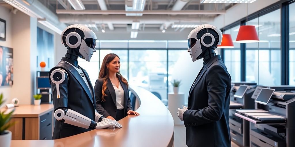 AI receptionist assisting clients in a modern printing office.