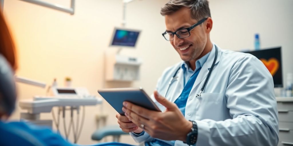 Dentist using tablet in a modern dental office.