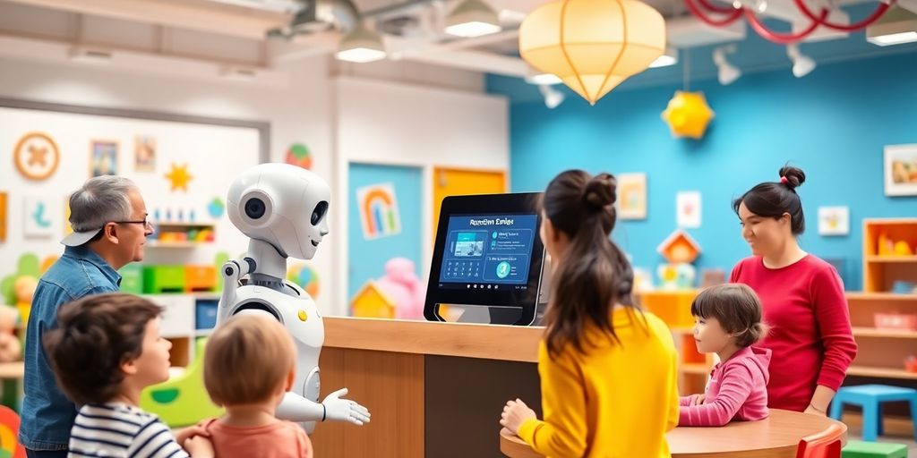 AI receptionist engaging with children in a daycare center.
