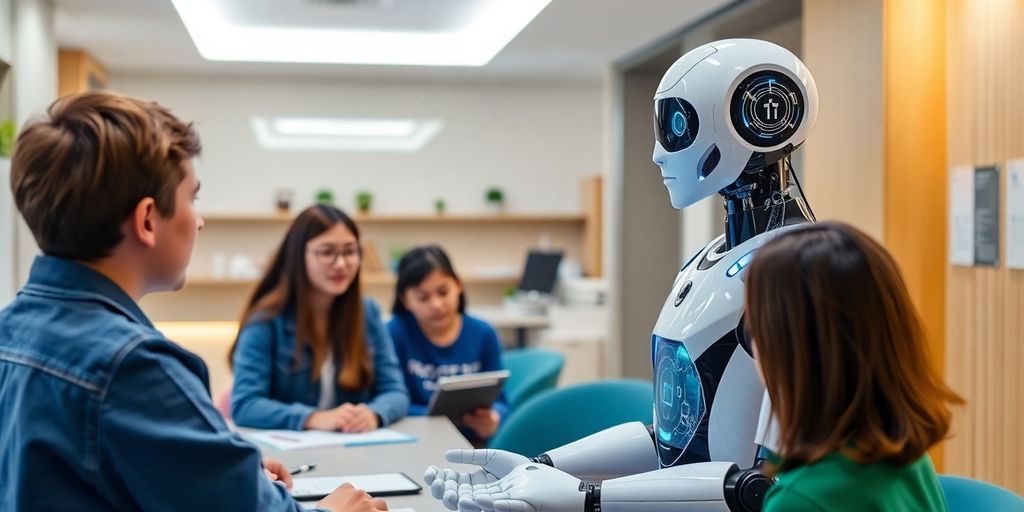 AI receptionist interacting with students in a tutoring center.