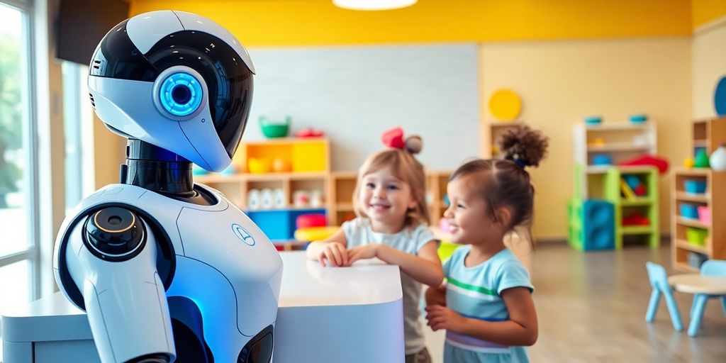 AI receptionist interacting with children in a daycare.
