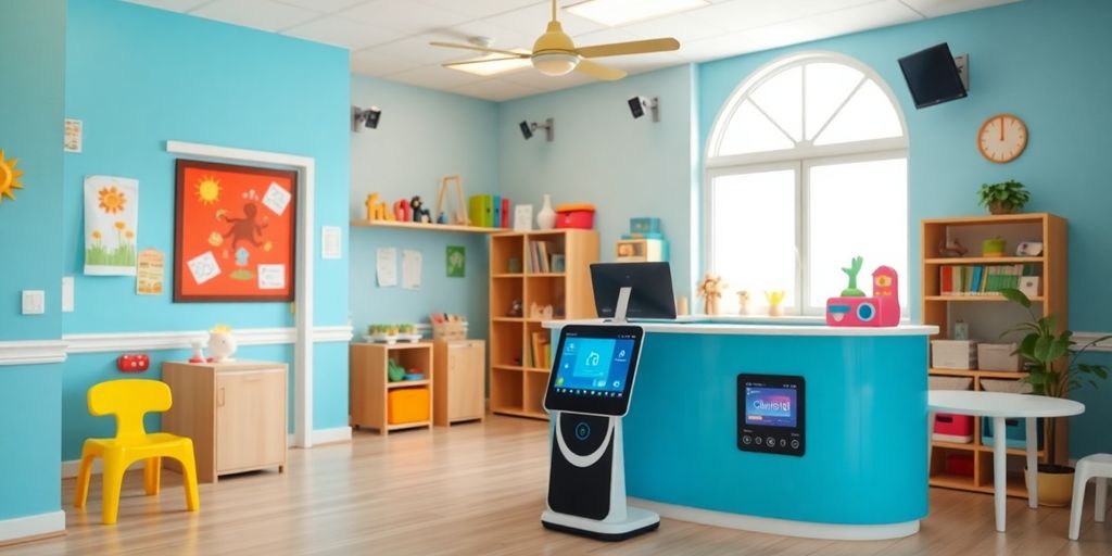 AI receptionist in a colorful daycare setting.
