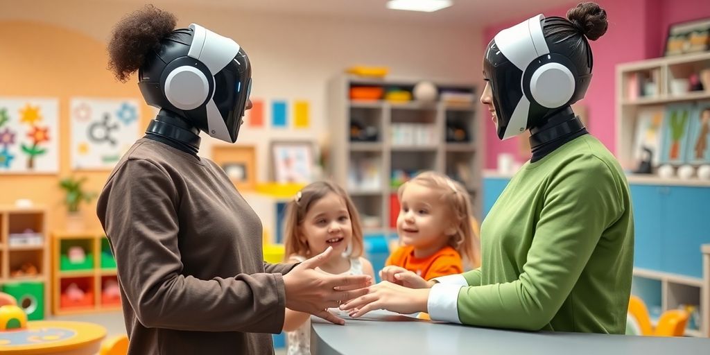 AI receptionist interacting with children in a daycare center.