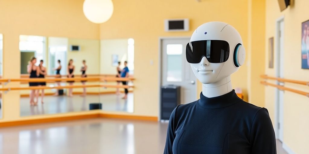 A friendly AI receptionist in a bright dance studio.