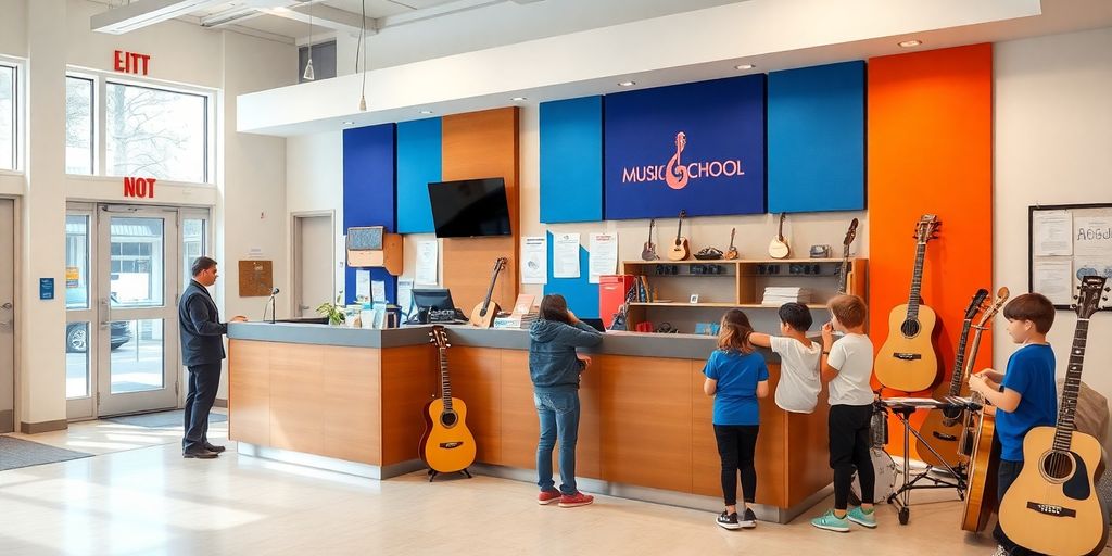 Modern music school reception with AI assistant and instruments.