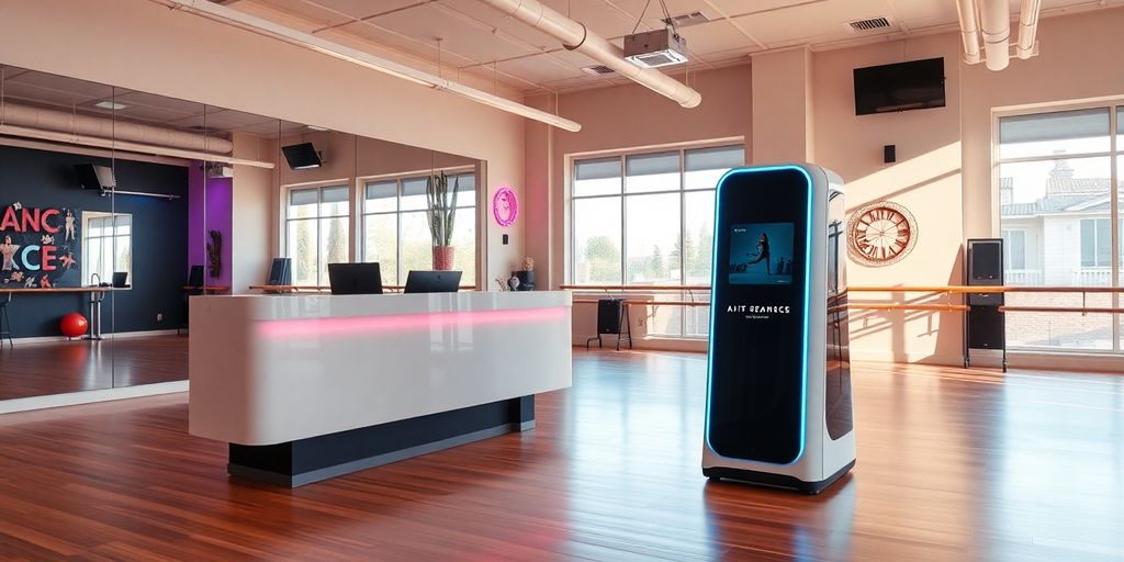 Futuristic AI receptionist in a stylish dance studio.