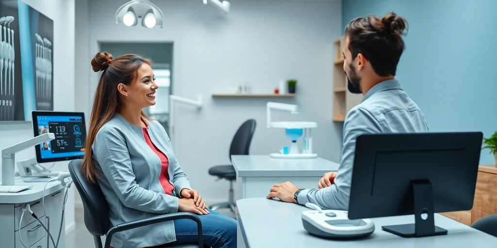 Dental office with receptionist and AI technology setup.
