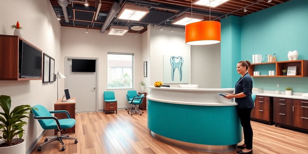 Modern dental office with receptionist using a tablet.