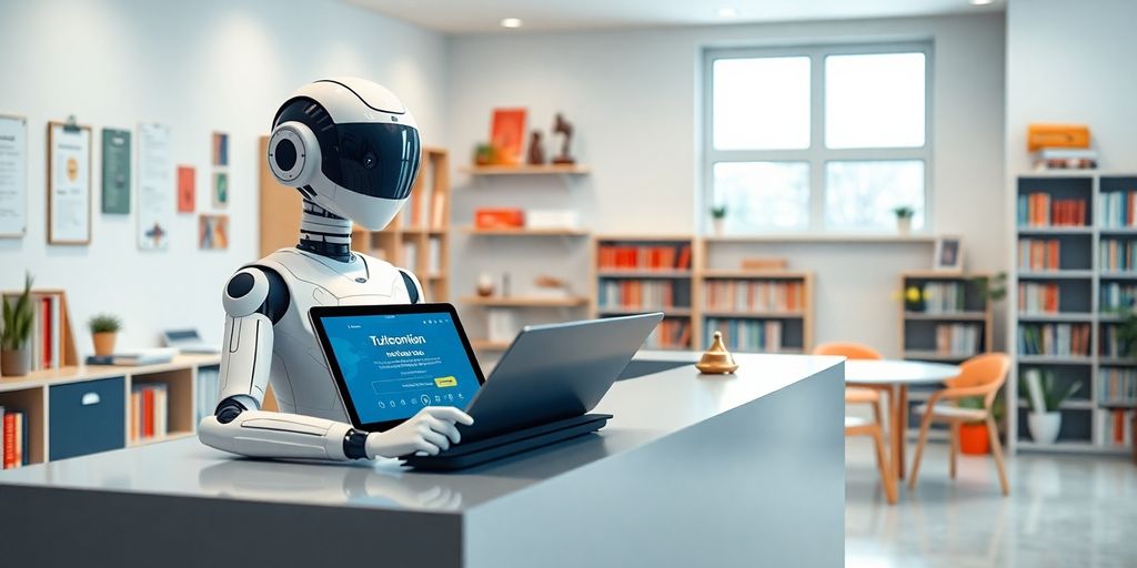 AI receptionist in a tutoring center with a tablet.