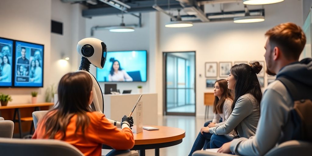 AI receptionist in a tutoring center with students.