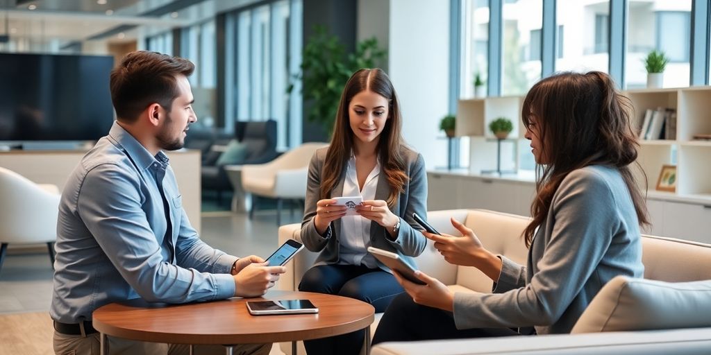 Real estate agents collaborating with technology in an office.