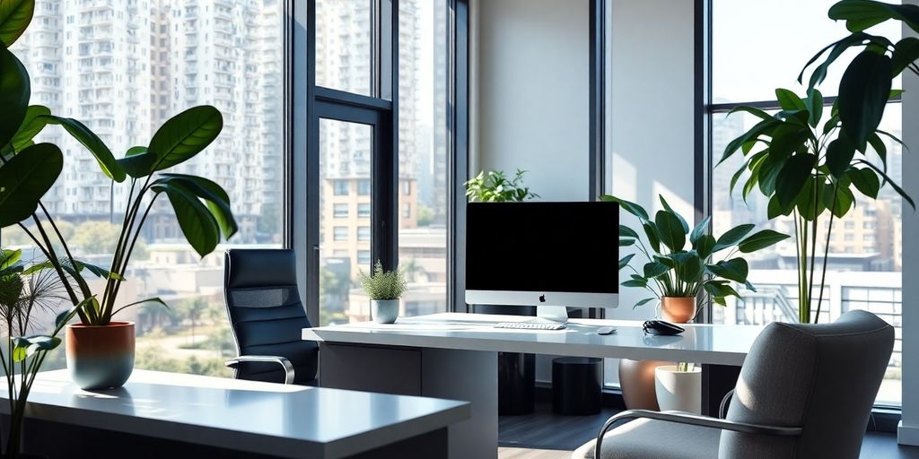 Modern real estate office with sleek design and natural light.