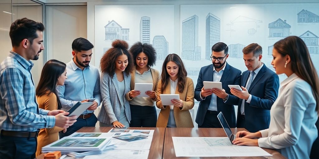 Team collaborating in a modern office on real estate projects.