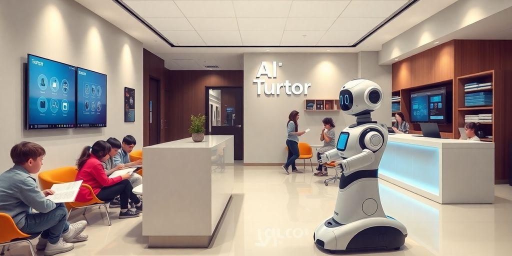 AI receptionist in a bright tutoring center.
