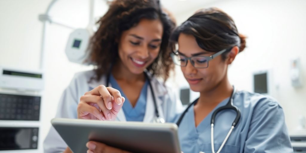 Healthcare professional using tablet in a medical office.