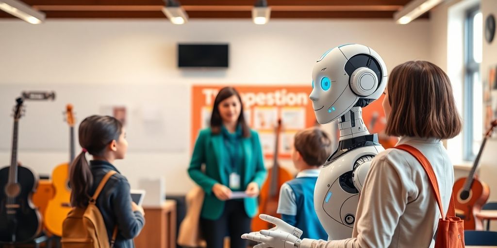 AI receptionist in a vibrant music school setting.