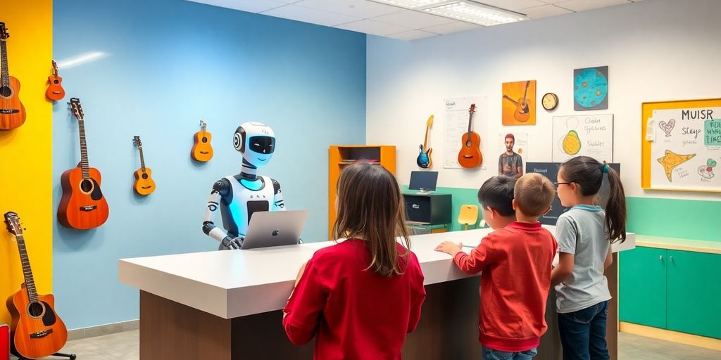 AI receptionist in a vibrant music school lobby.